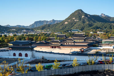 High angle view of townscape against clear sky