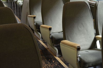 High angle view of empty seats in train