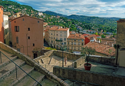 High angle view of buildings in city