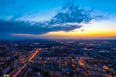 A bird's eye view of the modern district of the city of togliatti in the evening after sunset.