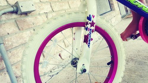 High angle view of bicycle wheel