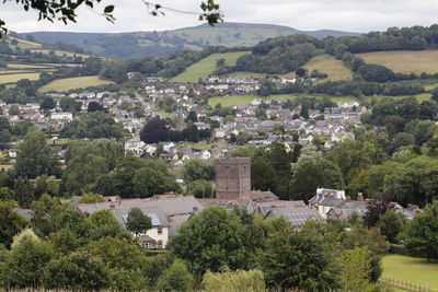 High angle view of townscape and trees