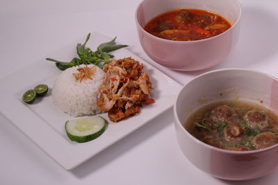 High angle view of soup in bowl on table