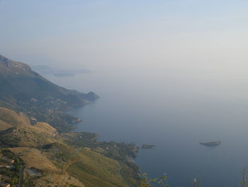 Scenic view of sea during foggy weather