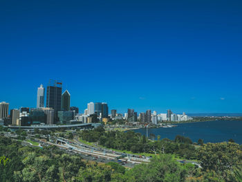 Panoramic view of city buildings against clear blue sky