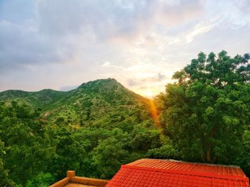 Scenic view of trees and buildings against sky