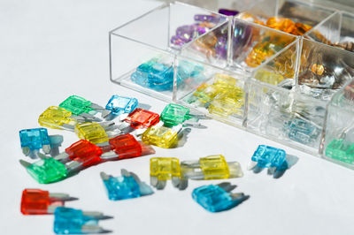 High angle view of toys on table