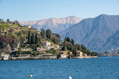 Scenic view of sea and mountains against clear sky