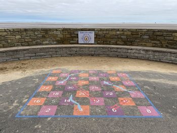 High angle view of text on road