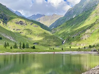 Scenic view of lake and mountains against sky