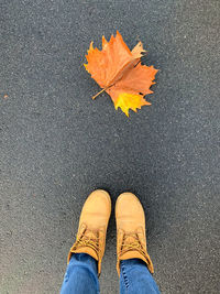 Low section of person standing on maple leaf during autumn