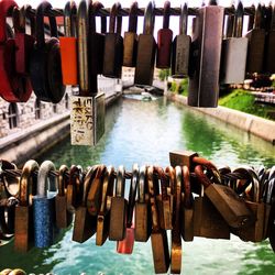 Close-up of padlocks hanging on railing against lake