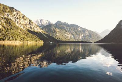 Scenic view of lake and mountains against clear sky