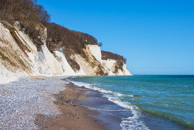 Scenic view of sea against clear blue sky