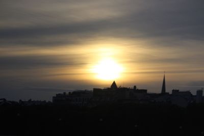 Silhouette buildings against cloudy sky during sunset