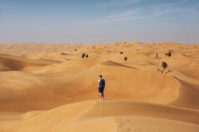 Rear view of man standing on sand dune in desert against sky