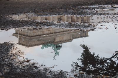 Reflection of trees in puddle against sky