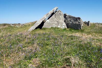 Built structure on field against clear sky