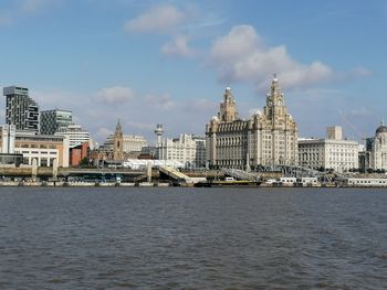 View of buildings by river against cloudy sky