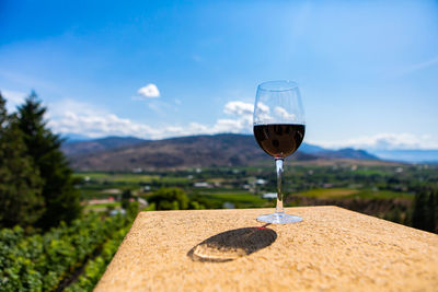 Close-up of wine glass against mountain