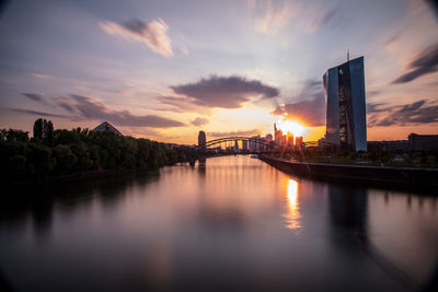 Scenic view of river by illuminated buildings against sky at sunset