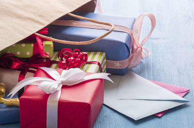 High angle view of christmas presents on table