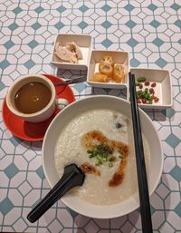 High angle view of breakfast served on table