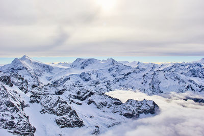 Scenic view of snow covered mountains against sky