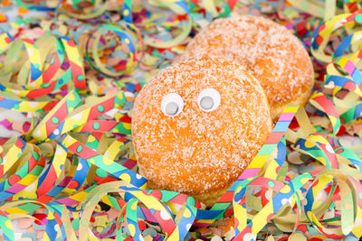 Close-up of donuts on confetti