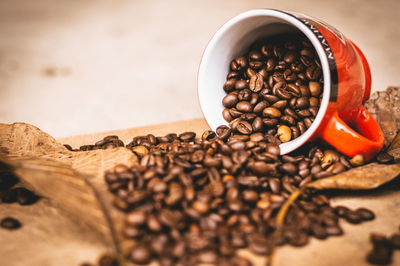 High angle view of coffee beans on table