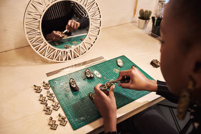 High angle view of businesswoman working at office