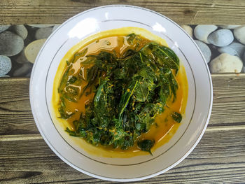 High angle view of soup in bowl on table