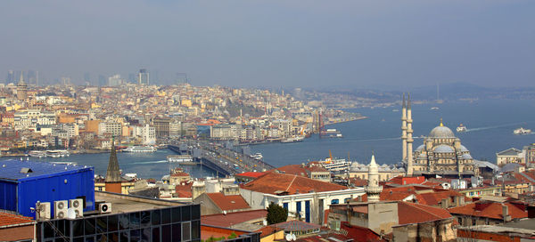 High angle view of blue mosque and galata bridge in istanbul turkey