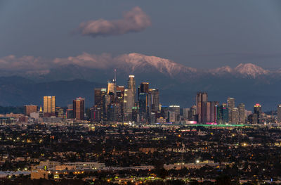 High angle view of cityscape against sky during sunset