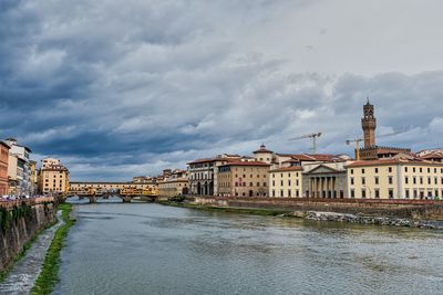 Arno river in florence italy with architecture and overcast sky. diminishing perspective.