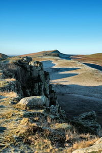 Scenic view of landscape against clear blue sky