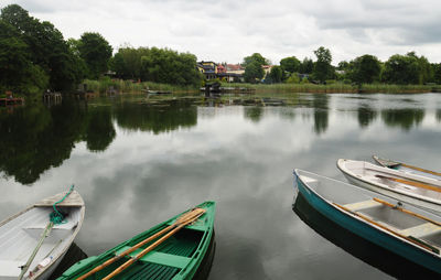 High angle view of boats moored in lake