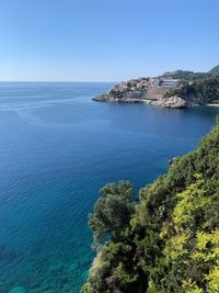 Scenic view of sea against clear blue sky