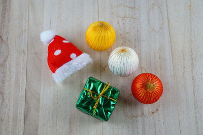 High angle view of christmas decorations on table