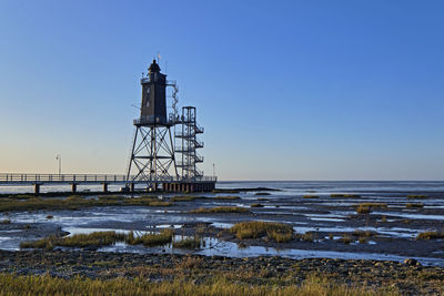 Lighthouse by sea against clear sky