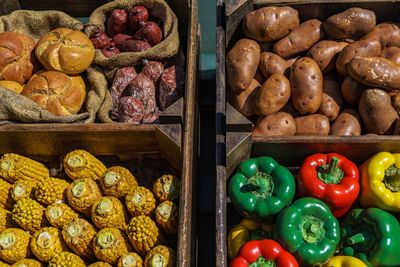 High angle view of vegetables for sale at market stall