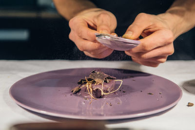 Close-up of person holding strainer over plate