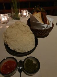 High angle view of meal served on table