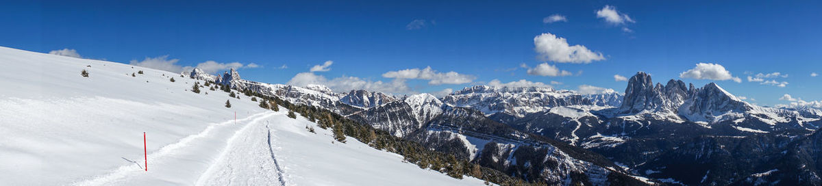 Panoramic view of snowcapped mountains against sky