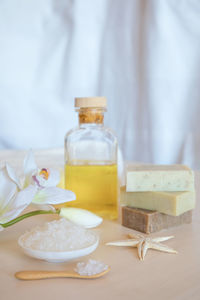 Close-up of beauty products on table