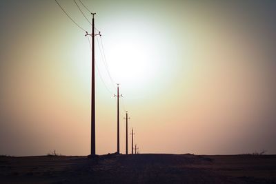 Electricity pylon on landscape against sky during sunset