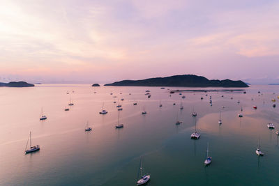 High angle view of sailboats in sea at sunset