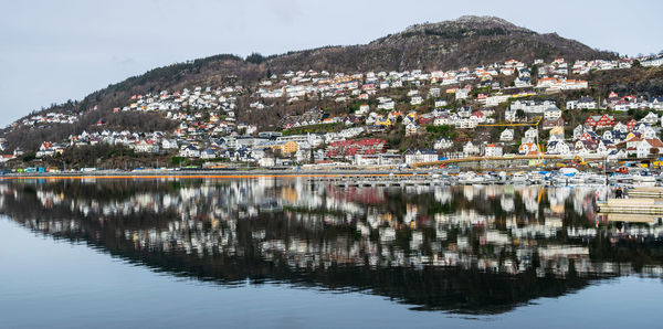 Scenic view of lake by town against sky