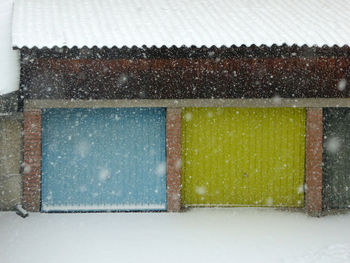 Close-up of snow on window of building