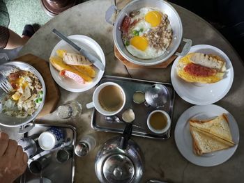 High angle view of breakfast on table